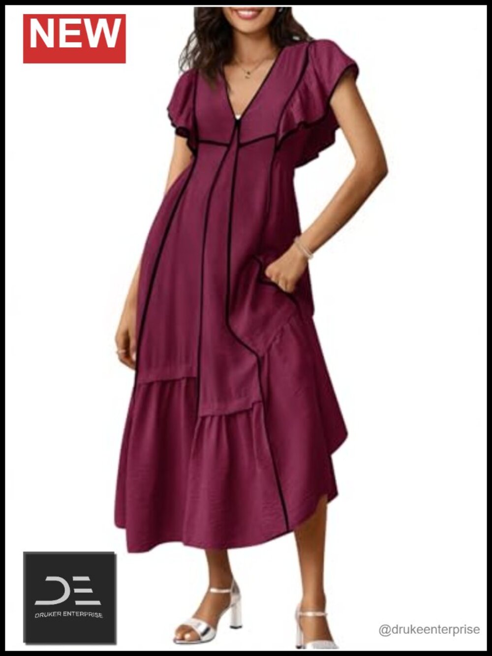 Womens Summer Midi Dress V Neck Ruffle Sleeve Loose Fit Flowy